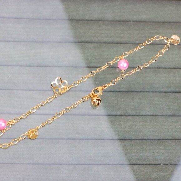 "Rose Gold Anklet with Pink Beads & Flower Charm, XPAL1168 - Picture 12 of 12